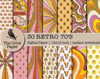 30 RETRO 70S digital paper | Papers Scrapbook | Groovy Backgrounds | Hippie Pattern Funky Seventies Flower| instant download No2