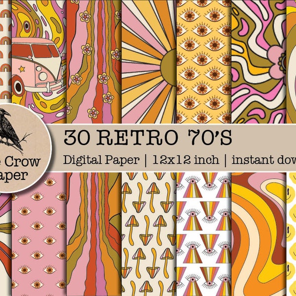30 RETRO 70S digital paper | Papers Scrapbook | Groovy Backgrounds | Hippie Pattern Funky Seventies Flower| instant download No2