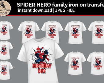 May include: White t-shirts with a Spider-Man graphic and the text "BIRTHDAY BOY". The shirts are labeled for family members: Auntie, Sister, Brother, Grandma, Grandpa, Uncle, Cousin, Mommy, and Daddy. The Crow Paper logo is in the upper left.