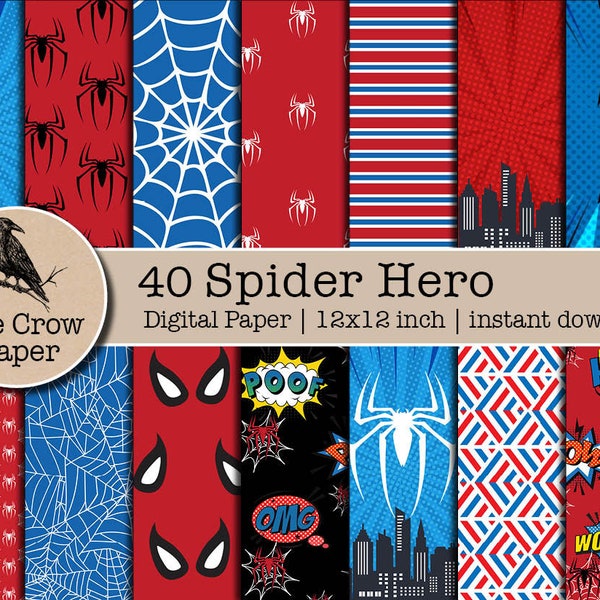 40 Spider Hero Digital paper | Scrapbook Comic Paper | Spider Hero Backgrounds | Web Slinger Pattern textures | instant download