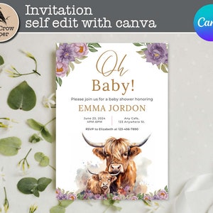 Highland Kuh Babyparty Einladung Editierbare Personalisierte Canva | Boho Kuh Baby Shower Boho Kuh | Sofort-Download