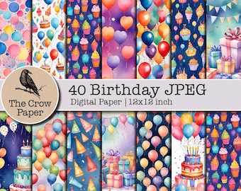 40 digital paper | Birthday pattern Scrapbook Junk Journal | Celebration Papers Page | WATERCOLOR BIRTHDAY PARTY | watercolor birthday