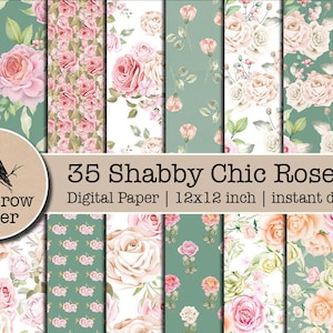 35 Vintage Shabby Chic Teal  digital paper | Vintage Pink Teal flower floral Pattern | roses pattern Scrapbooking | instant download