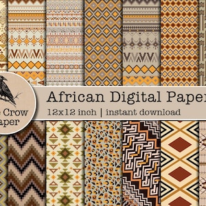 Pode incluir: Um conjunto de 12 papéis digitais com padrões geométricos de inspiração africana em marrom, bege e amarelo. Os papéis medem 30,5 x 30,5 cm e estão disponíveis para download instantâneo. O texto "African Digital Paper" e "12x12 inch | instant download" está incluído na imagem.