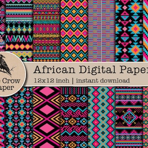Könnte beinhalten: Ein Set mit 12 digitalen Papieren mit lebendigen, afrikanisch inspirierten geometrischen Mustern in Pink, Blau, Gelb und Orange auf schwarzem Hintergrund. Die Papiere sind 30,5 x 30,5 cm groß und perfekt für Bastelprojekte.