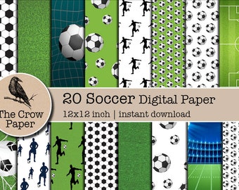 May include: 20 digital papers featuring soccer-themed designs. The papers include patterns of soccer balls, players, and fields. The papers are 12x12 inches.