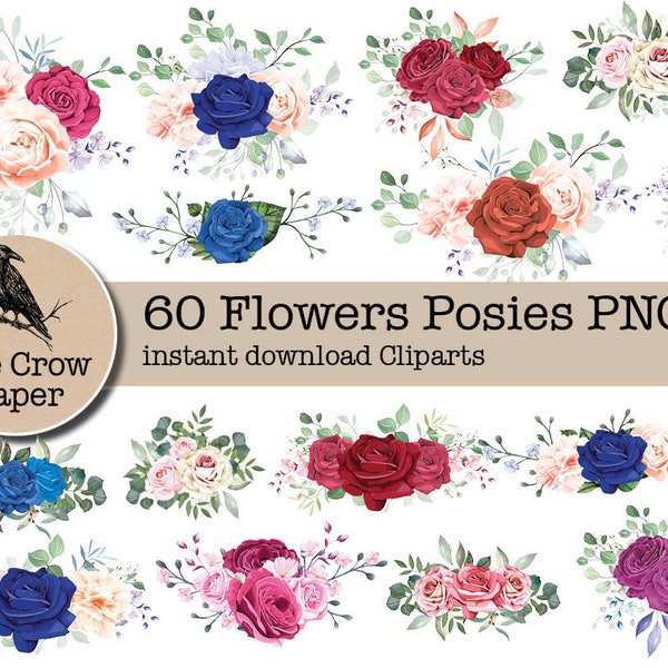 60 Flowers posies watercolor clipart | floral wedding Clipart Bundle |  floral frame roses | Watercolor flower | instant download