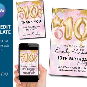 Gold Pastell 10. Geburtstag Ballon Einladung Bearbeitbare Personalisierte Canva | Zehn Geburtstag Template Printable | Sofort-Download