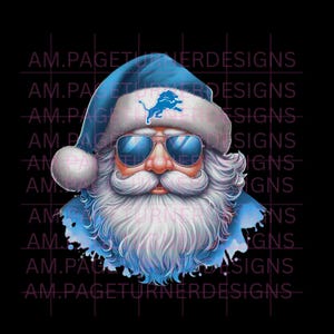 May include: Digital illustration of Santa Claus wearing sunglasses and a blue hat with the Detroit Lions logo. Santa has a white beard and mustache, with blue accents. The background is black.