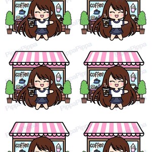 以下が含まれることがあります： ピンクと白のストライプのひさしの上に「コーヒーショップストアフロント」という文字が書かれた、コーヒーカップを持った漫画のキャラクターのデジタルイラスト。キャラクターは青と白のストライプのシャツと青いスカートを着ています。キャラクターは茶色の髪で笑顔です。