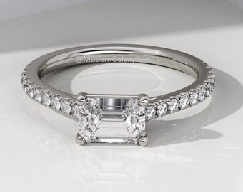 Anello con diamante coltivato in laboratorio con taglio smeraldo da 1,0 CT F/VS1, anello di fidanzamento in oro 14k, anello nuziale, anello anniversario, anello regalo di compleanno unico per lei