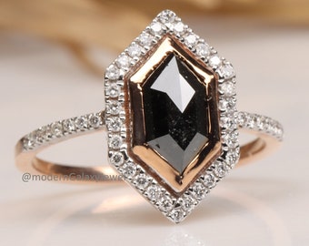 Zeshoekige diamanten ring, 14K roségouden zeshoek diamanten ring, Halo Style Half Eternity Hexagon Shape Ring, Unieke verlovingsring, M33