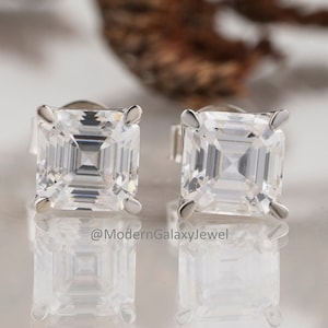 14k Gold Diamond Stud Earrings, Moissanite Stud Earrings, Asscher Cut Diamond Stud Earrings, Earrings For Women, Gift For Her M254