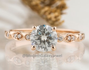 1.0 CT Round cut Lab Grown Diamond Ring, 14K Yellow Gold Diamond Wedding Ring, Unique Engagement Ring