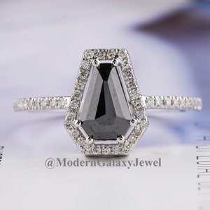 Black Coffin Diamond Engagement Ring, 14k White Gold Coffin Black Diamond Ring, Coffin Ring For women, Halo Solitaire Ring, Anniversary M299