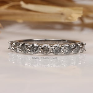 Round cut Salt and pepper Diamond Ring, 14K White Gold Ring, Half Eternity Diamond Band, Engagement Ring, Wedding Ring, Gift For Her, M77