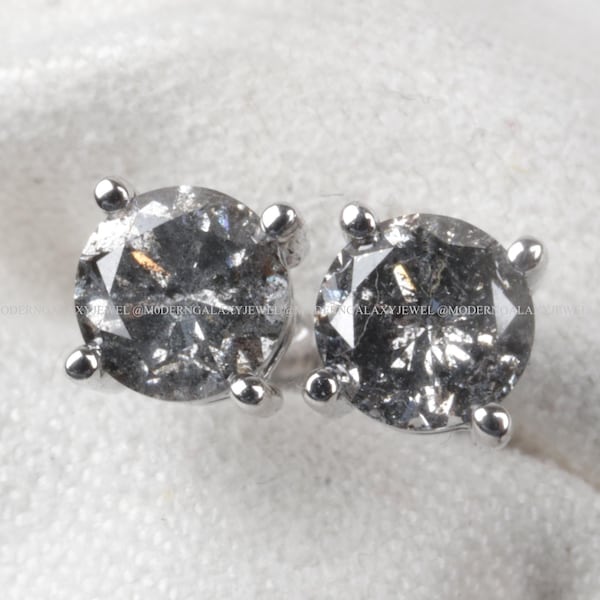 Salt and Pepper Round cut Diamond Earrings, 14K White Gold Diamond Studs, Solitaire Round cut Diamond Earrings