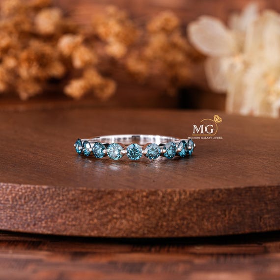 Round cut Blue Lab Grown Diamond Ring, 14k Gold Half Eternity Diamond Ring, Blue Diamond Ring, Lab Grown Diamond, Blue Labgrown Diamond Ring