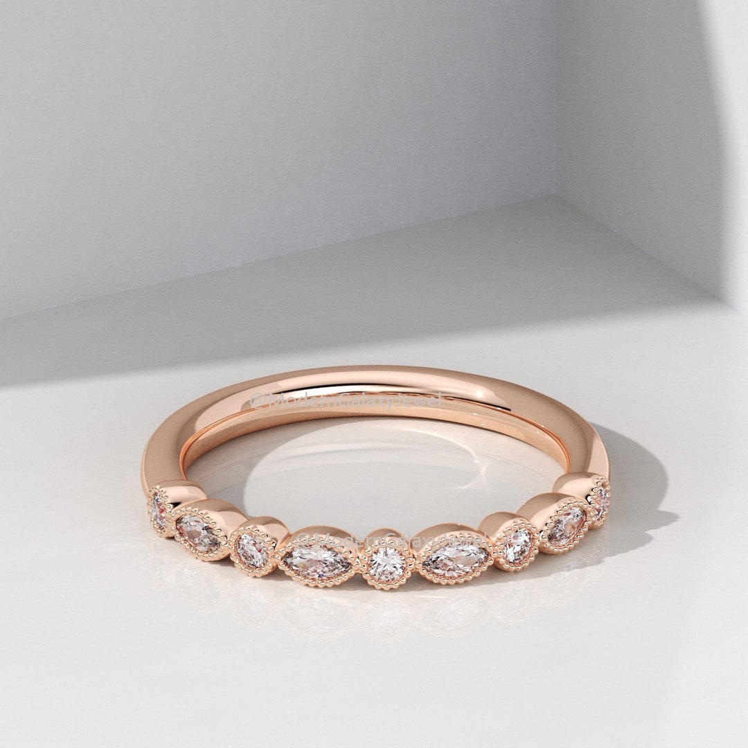 Lab Grown Marquise Diamond Band, Marquise and Round Diamond Band, 14k ...