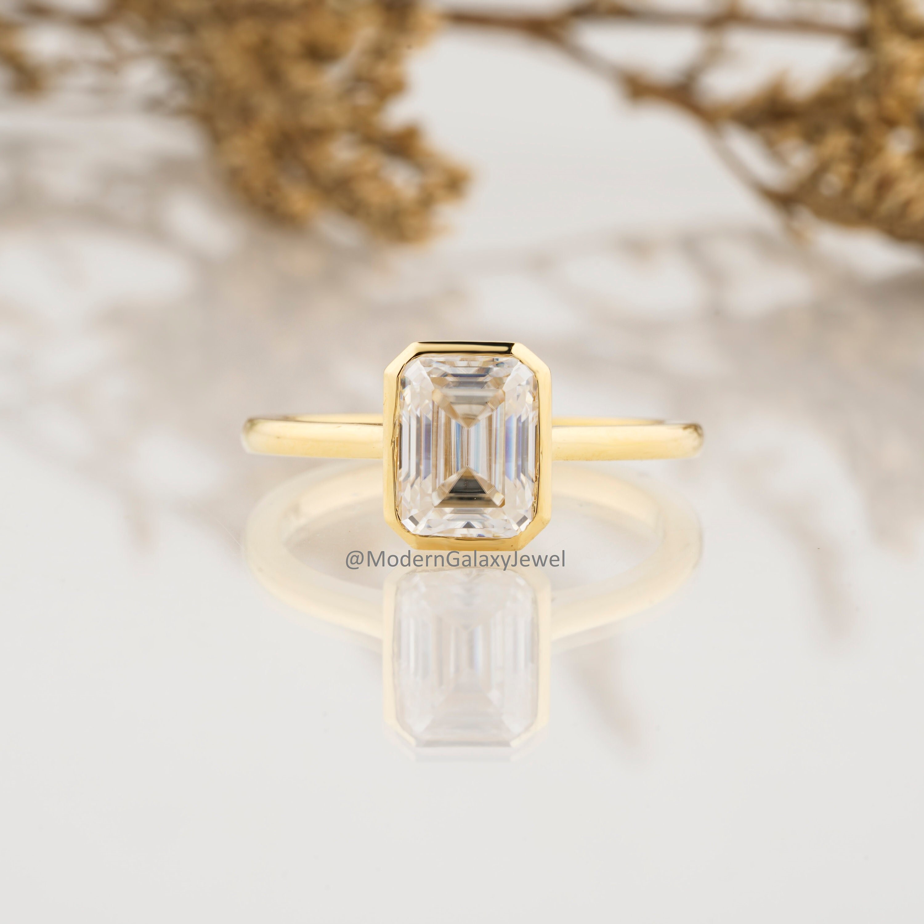 2.0CT Emerald Cut Lab Grown Diamond Ring, 14K Yellow Gold Bezel Set ...