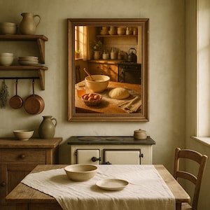 Rustic Bread Baking Kitchen Scene | Vintage Country Farmhouse Wall Art | Warm Cozy Home Décor Digital Download