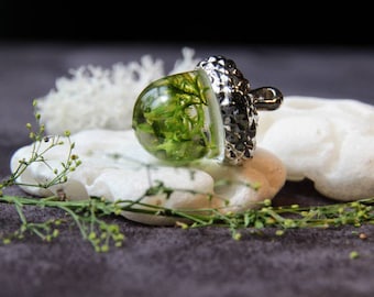 Acorn pendant with real moss in light and dark green and epoxy resin