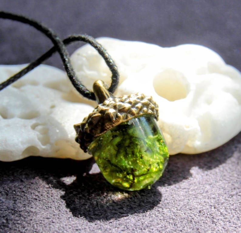Acorn pendant with real moss and cap in bronze/silver/gold image 1