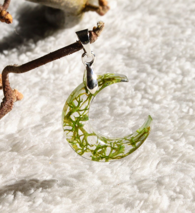 Celestial moon pendant with real moss and epoxy resin image 4