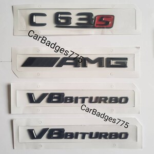 For Mercedes Benz Gloss Back Red C63S V8 Biturbo AMG Badge Set Badges