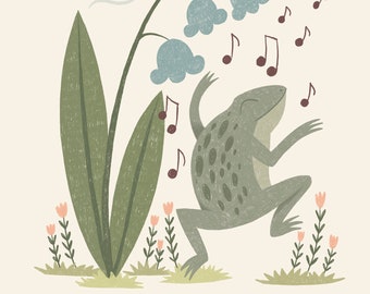 Dancing Frog (A5 print) children's book art, fairy tales, bluebells