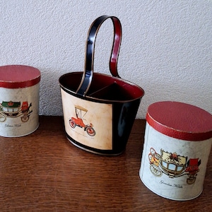 2 Tin Boxes and a Basket with Two Divisions, Depicting Antique Automobiles