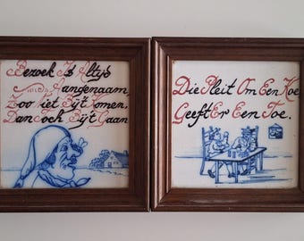Set of 2 Vintage Dutch Delft Style Ceramic Tiles, Hand Painted Proverbs, Rustic Wooden Frame.