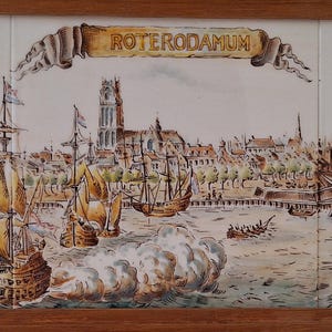 Antique Tile (3) Tableau, Harbour of Rotterdam, ROTERODAMUM, Unique!