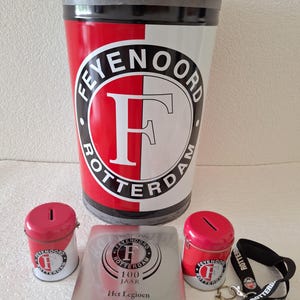 Feyenoord Rotterdam, Decorative Objects, Tin Box, Barrel, Piigy Boxes and Necklace Strap.