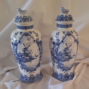 Set of Antique Two Delft Mosa Maastricht Handpainted Lidded Vases, with Typical Dutch Windmills.