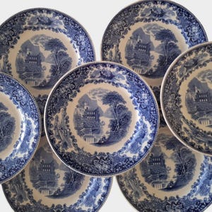 Può includere: Una collezione di piatti in ceramica blu e bianca. Ogni piatto presenta un paesaggio al centro, circondato da un bordo dettagliato. I piatti sono disposti in modo leggermente sovrapposto, mostrando il loro fascino decorativo.
