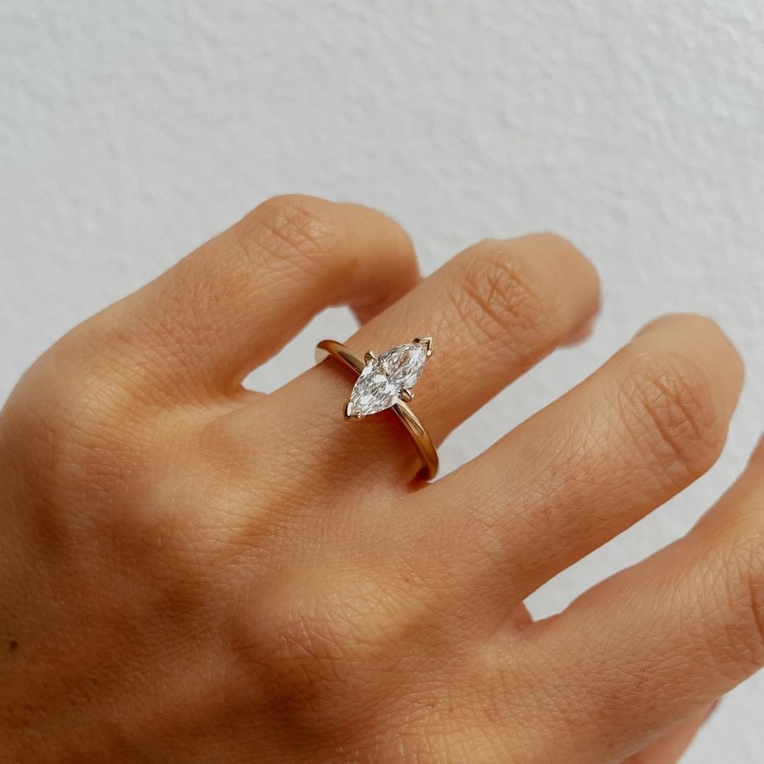 Marquise Lab Grown Diamond Ring/ Marquise Lab Grown Diamond Solitaire Set Engagement Ring/ V