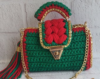 Shoulder Crochet crossbody handmade Luxury Designer women's Bag, Metallic bag,knitted red green Christmas gift bag