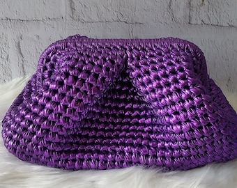 Crochet Metallic Purple Raffia Clutch Bag , Evening Dress Knitted Bag Bag , Handmade Metallic Clutch Bag