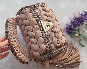 Handmade Crochet Crossbody Bag: Metallic Knit Shoulder Bag