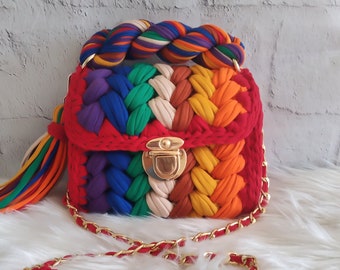 Handmade Crochet Shoulder Bag: Colorful Woven Cotton Crossbody