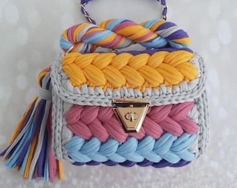 Handmade Crochet Shoulder Bag: Multi Color Knit Designer Bag