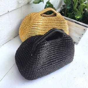 metallic gold top handle crochet clutch pouch bag, handmade large size evening dress bag, woven metallic black pouch wedding bag, gifts