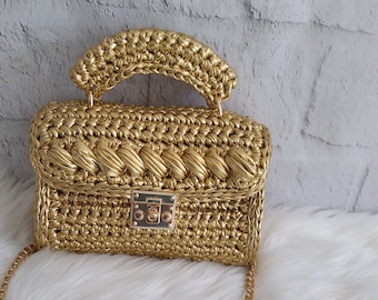 Handmade Metallic Gold Crochet Bag: Luxury Knitted Crossbody