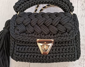 Crochet womens black bag/handmade luxury knitted bag/womens crossbody shoulder bag/personalized custom gifts