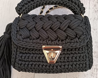 Handmade Crochet Black Crossbody Bag: Luxury Knit Shoulder Bag