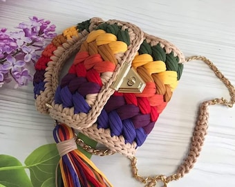 Crochet Crossbody Bag: Multi Color Knit Shoulder Bag, Designer Cotton Yarn