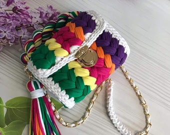 Colorful Crochet Crossbody Bag: Handmade Cotton Knit Shoulder Bag