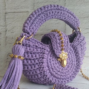 Handmade Crochet Crossbody Bag: Lilac Knitted Designer Bag