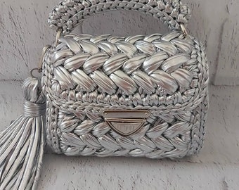 Handmade Metallic Silver Crochet Bag: Luxury Woven Shoulder Bag